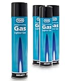 TOM 4 x Feuerzeuggas 300 ml - Kartusche zum nachfüllen für Feuerzeug - Flam-bierbrenner, Sturmfeuerzeug, Stabfeuerzeug & Co. – mit 6 x Adapter für Feuerzeug – Lighter Gas – Nachfüllgas