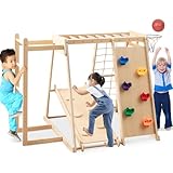 GOPLUS 6-in-1 Klettergerüst, Kletterspielzeug mit Kletterwand, Kletternetz, Kletterleiter, Basketballkorb, Rutsche, umkehrbarem Kletterbrett, Kletterstange, Spielplatz für Kinder ab 3 Jahren (Natur)