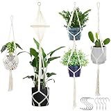 Deepton Blumenampel Hängend Innen, 4er Set Boho Deko Makramee Blumenampel Außen, Baumwollseil Hängeampel mit Haken, Hängetopf für Balkon, Fenster, Wohnzimmer und Garten (Beige)