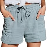 Zhiaek Musselin Kurze Hose Damen Shorts Damen Sommer Baumwolle Leinen Weite Kurze Hosen mit Taschen Lässige Stoffhose mit Kordelzug Leinenhose Grün XL