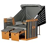 Outsunny Strandkorb Ostsee Volllieger 2-Sitzer Winterfest Strandkörbe aus Hartholz, Strandkorb mit Dach Fußbänkchen Seitentische Strandkorbhülle, Strandstuhl für Balkon, Garten Terrasse, Hellgrau