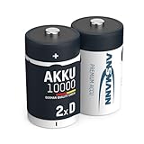 ANSMANN Akku D 10000 mAh NiMH 1,2 V (2 Stück) - Mono D Batterien wiederaufladbar, hohe Kapazität & maxE geringe Selbstentladung für hohen Strombedarf & jahrelangen Einsatz, silber/schwarz, 5030642