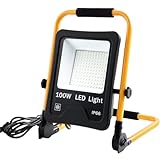 Froadp 100W LED Baustrahler mit Klappbügel Stand und 3 m Netzkabel Stecker Aluminiumgehäuse Arbeitsscheinwerfer Flutlicht Außenleuchte mit Blitzschutz für Gärten Stadien, IP66 Wasserdicht, Kaltweiß