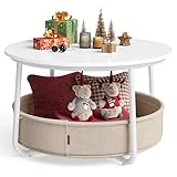 VASAGLE Couchtisch rund, Tisch mit Stauraum, Beistelltisch, Wohnzimmertisch mit Korb aus Stoff, modern, Metallrahmen, mattweiß-Kamelbraun LCT244W10