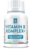 VITAMIN B KOMPLEX Hochdosiertes PiuLife® - 365 Tabletten, B Vitamine komplex hochdosiert, Vitamin B6, B1, B2, B3 Niacin, B5, B7 Biotin, B9 Folsäure und B12 - Müdigkeit, Haut