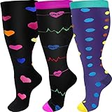 ZFiSt 3 Paar Medizinische Sport-Kompressionssocken für Herren und Damen, Kompressionsstrümpfe, Krankenschwestersocken für Ödeme, Reisen, Herz + Punkt + EKG, 4X-Large