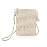 Energather Kleine Umhängetasche, Stroh Handytasche zum Umhängen Damen für Frauen und Mädchen, Tragbare Handy Umhängetasche Damen mit Reißverschluss für Strand, Dating, Reisen (cremeweiß)