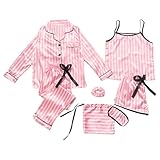 Jamron Mädchen 7PCS Satin Pyjama Set Frühling Sommer Herbst Tops & Kurze Hose Nachtwäsche SN07655-2 Rosa Streifen 150CM