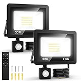 30W LED Strahler mit Bewegungsmelder, 2 Stück 6500K Außenlampe mit Fernbedienung, Kaltweiß Superhell Fluter Scheinwerfer Licht, IP66 Wasserdicht Außenbeleuchtung Lampe Detector für Innenhöfe, Garden