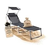 BigDean Sonnenliege klappbar mit Kopfkissen & Dach extra hoch dunkelgrau 150 kg belastbar - hochwertige Gartenliege für Balkon, Garten & Strand