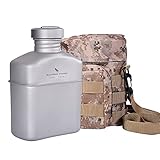 iBasingo 1100ml Titan Feldflasche TA1 Reintitan Militär Trinkflasche Auslaufsicher & Ultraleichte 160g Survival Ausrüstung Flasche Für Outdoor, Camping, Trekking & Wandern mit Tarnbeutel Ti2047C