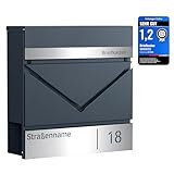 SONGMICS Briefkasten personalisiert, mit Namensschild, Hausnummernschild, Postkasten, Zeitungsfach, V-förmiges Sichtfenster, Schloss, modern, einfache Montage, anthrazit-silbern GMB080D01V1