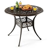 COSTWAY Gartentisch mit Schirmloch, Ø 90 cm, runder Balkontisch aus Aluminiumguss, wetterfester Terrassentisch für Garten, antike Optik, 90 x 90 x 74 cm