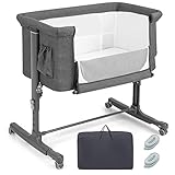 COSTWAY 3 in 1 Beistellbett & Babywiege & Reisebett, 5-stufig Höhenverstellbares Babybett neigbar, Kinderbett inkl. Matratze, Tragetasche, Stubenwagen für Babys bis 9kg belastbar (Dunkelgrau)