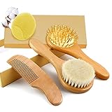 auvstar Baby Naturhaarbürste,Neugeborene Haarbürste,Kleinkinder Kamm Set,Ziegenborstenbürste mit Silikonhaarbürste,Behandlung Holzborstenbürste,Perfektes Kopfhautpflegemittel für Säuglinge Kinder