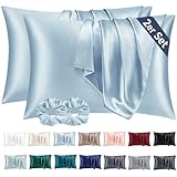 Vielit 2er Set Satin Kissenbezug 50x70 Hellblau, Weich wie Seidenkissenbezug,Bessere Pflege als Silk Pillosecase,Satin Kopfkissenbezug 50x70 Kissenhülle für Haar und Haut mit 2 Haargummis