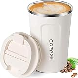 ERBO Kaffeebecher to go, Thermobecher Edelsthal, Auslaufsicher Kaffeetasse Kaffeebecher mit Deckel, Kaffeetasse Thermobecher für Unterwegs Umweltfreundlich, Weiß 380ml