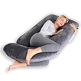 CALIYO Schwangerschaftskissen J Form,Stillkissen XXL-SeitenschläFerkissen mit Bezug,Pregnancy Pillow und Komfortkissen Erwachsene -Polsterung aus Baumwolle（Dunkelgrau,180×70cm）