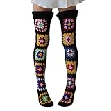 SYHVGI Damen Socken mit Zopfmuster, extra lang, ethnisches Blumenmuster, Häkelstrümpfe, Overknee-Socken, Winter-Beinwärmer, Schwarz , Einheitsgröße