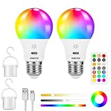 USB Aufladbar Batterie Glühbirne Mit Fernbedienung, E27 Smart Farbwechsel Farbige RGB Glühbirnen ,9+3 Farbtemperatur, 8W LED Dimmbare Touch Control Akku Lampe Mit Timing Funktion, 2600mAh ,2 pack