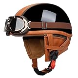 Retro Motorrad Halbhelme Leder Motorradhelm Für Herren Damen DOTECE-Zertifizierung Jethelm Halbschalenhelm Mit Schutzbrille Für Bike Cruiser Moped Scooter Offenem Helm 7,M:57-58CM