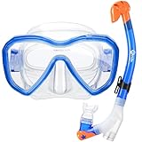 Dorlle Kinder Schnorchelset Tauchset Schnorchelmaske mit 3-Kanal Premium Dry Schnorchel und Anti-Leck Anti-Fog Taucherbrille Professionelle Schnorchel Set für Kinder,Blau