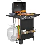 Outsunny Gasgrill 7 KW Grillwagen inkl 3 Brenner Seitenkocher Rolle Druckminderer Deckel Gasschlauch 2 Heizzonen Thermometer Seitenablagen, BBQ Gartengrill für Balkon, Grill 107 x 54 x 96 cm