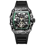 DAXIAOYU Innovative schwarze hohle Skelett-Herrenuhr, automatisch, mechanisch, Gehäuse aus Kohlefaser, Gehäuse aus Legierung, Tourbillon-Armbanduhr, leuchtendes Silikonband, wasserdicht