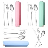 3 Sets Edelstahl Camping Besteck mit Etui, Tragbare Reisebesteck, Wiederverwendbares Camping Besteck Set mit Löffeln Gabeln und Messern für Schule Büro Picknick, 3 Farben