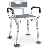 OUUTMEE Duschstuhl mit Armlehnen und Abnehmbarer Rückenlehne, Rutschfester, Höhenverstellbare Duschhocker mit 6 Positionen, Duschsitz-Badestühle für Senioren,Grau