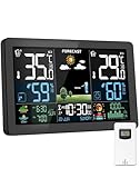 Wetterstation Funk mit Außensensor, Farbdisplay, Wettervorhersage, Temperatur, Luftfeuchtigkeit, Wecker mit Schlummerfunktion, Luftdruck,60m Übertragungsentfernung, für Innen und Außen, Schwarz