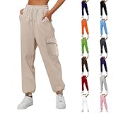 Cargohose für Damen, Stretch, große Größe, elastische Taille, Cargo, Slacks, hohe Taille, Kordelzug, Loungewear mit mehreren Taschen, schmales Bein, grau, Small