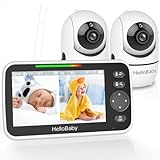 HelloBaby Babyphone mit 2 Kameras und Nachtsicht, 12,7 cm (5 Zoll) geteilter Bildschirm mit 26-Stunden-Akku, 2 Kameras Pan-Tilt-Zoom Video Babyphone, kein WLAN, ECO, 2-Wege-Audio, 8 Schlaflieder,