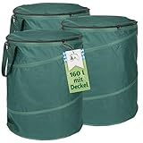 TTL Garden 3x 160L Pop Up Gartensack Deluxe mit Deckel - 220gsm 600D Oxford 3er Set 160 Liter Gartenabfallsack faltbar extra stabil - Laubsack Sack & Behälter für Grünschnitt Garten Abfall