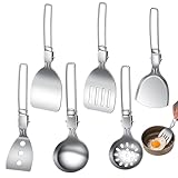 Buerfu Camping Besteckset, 6-teiliges rostfreier Edelstahl tragbar robust Besteck für Outdoor, Wiederverwendbare Küchenhelfer zum Schmoren Grillen Kochen für BBQ Picknick Outdoor