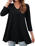 Enmain Schwarze Tunika Damen 3/4 Ärmel Tunika Blusen V Ausschnitt Große Größen Langarm Elegant Longshirt Lässig Locker Swing Longline Blusen Für Damen, 4XL