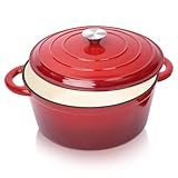 Ø28cm Emaille Gusseisen Schmortopf mit Deckel,Dutch Oven Gusseisen Bräter für alle Herdarten und Induktion, GusseisenTopf Brot Backen, Brotbacktopf, Brotbackset Zubehör, Rund,Rot,5,7L