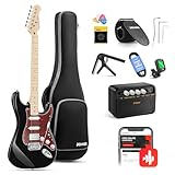 Donner E Gitarren Set, 39 Zoll E-Gitarre HSS Pickup Coil Split, DST-152B Electric Guitar mit Verstärker, Tasche, Kapodaster, Gurt, Saiten, Stimmgerät, Kabel, Plektren, Schwarz