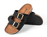 HEYO Pantoletten Herren Damen Sandalen Bequeme Hausschuhe Unisex Kork Badelatschen mit verstellbaren Riemen (Schwarz, EU Schuhgrößensystem, Erwachsene, Numerisch, M, 45)