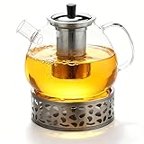 1500ML Teekanne aus Borosilikatglas mit Siebeinsatz, Stövchen & Deckel – Spülmaschinenfeste Glasteekanne für losen Tee Teebeutel Fruchttee, Hält lange warm (1.5L,spülmaschinenfest)