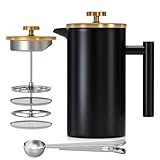 Enfmay French Press Kaffeebereiter 1 Liter, Edelstahl Kaffeepresse, Tragbare Cafetière mit Filter, Doppelwandige isolierte French Press, Kaffeezubereiter für Reisen Camping inkl Löffel, Schwarz