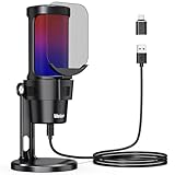 Veetop USB Kondensatormikrofon, Mikrofon PC Streaming Podcast Gaming Asmr Condenser Recording Studio Condenser Microphone mit RGB-Steuerung Und Adapter USB C