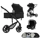 Aveainelle Kombi Kinderwagen 3 in 1, Babywanne, Reisesysteme und Autositz, Für Neugeborene Kinder von 0-36 Monaten, Maximale Tragkraft 25 kg(Schwarz)