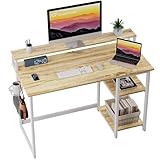 GreenForest 100 x 50 cm Schreibtisch Holz mit Regal und Monitorständer, Computertisch mit Stauraum, Schreibtisch Eiche, Beige