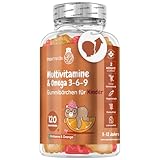 Multivitamin Gummibärchen für Kinder - Mit Omega 3, 6, 9, Jod, Zink, Vitamin C, E, D3, B7, B12 - Für Energie, Immunsystem & Stoffwechsel - 120 Multivitamin Fruchtgummis - Himbeer & Orangengeschmack