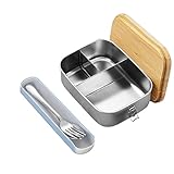 Toothbace Brotdose Edelstahl mit Holzdeckel, 1200ML Bento Box Edelstahl mit Natürlichem Bambus Deckel, Brotdose mit 3 Fächern, Lunchbox mit Besteck Gabel und Löffel für Schule, Arbeit, Picknick