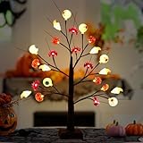 Halloween Deko Baum Lichter mit 24 LEDs, LED Lichterbaum Innen, Warmweiß LED Baum Lichter, Baum Licht Verstellbare Äste, LED Bäumchen Spooky Deko Lichterbaum, Leuchtbaum USB & Batteriebetrieb