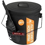 BLACK OAK Ascheeimer STROMBOLI 20L – schwarz mit Deckel & Schaufel - groß 20 Liter - Stahl feuerfest verzinkt & pulverbeschichtet Asche & Kohle Eimer ideales Zubehör für Kamin Kachelofen Holzofen