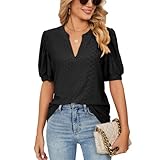 EDOTON Damen Tshirt Kurzarm Bluse V Ausschnitt Casual Sommer Solide Hohle Blase Ärmel Lose Tops Tuniken für Damen (M,Schwarz)