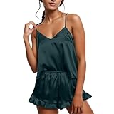 Schlafanzug Damen Kurz Satin Set, Pyjama Damen Sexy Schlafanzug Elegant Pyjamas-Set Weichem Sleepshirt Ärmellos Hausanzug Sleepwear Weich Bequem Freizeitanzug V Aussschnitt Cami Top Und Shorts